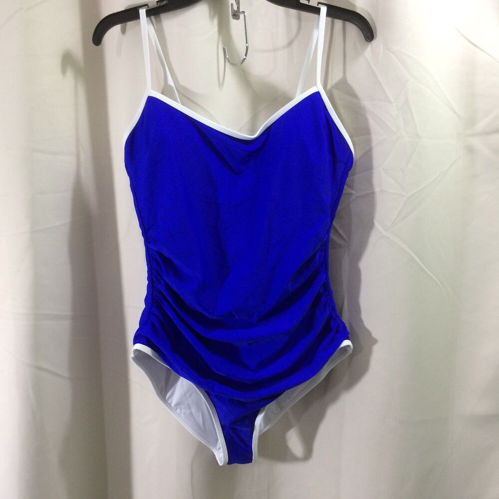 Eomenie Royal Blue One Piece Swimsuit White Trim Adjustable Straps Size Large - Picture 3 of 6